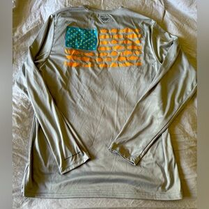 Men’s Columbia PFG Omni-shade UPF Long Sleeve Fish Flag Shirt Small S Grey